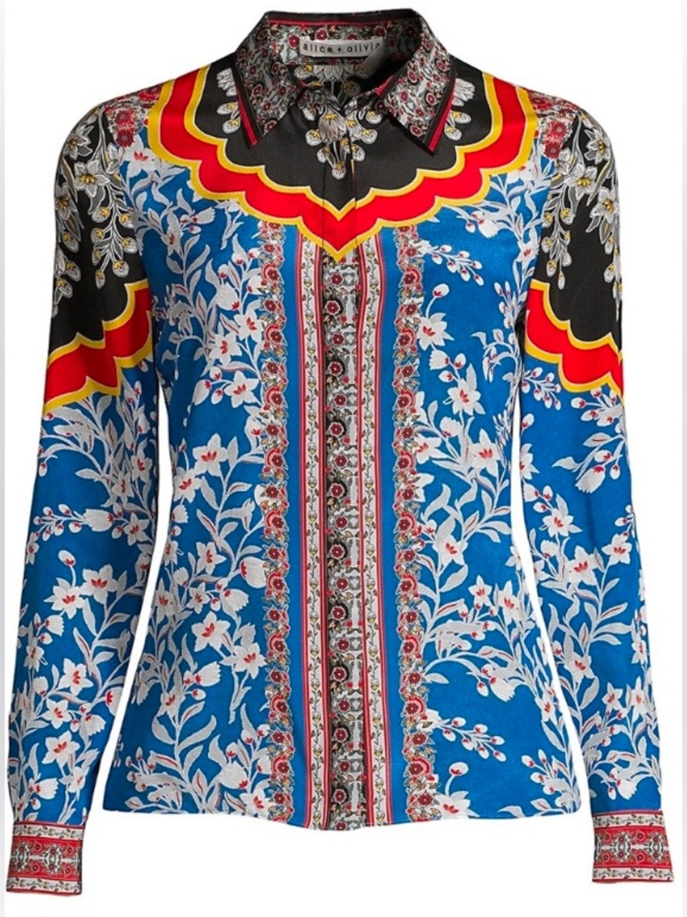 NEW ALICE + OLIVIA FLORAL SILK LONG SLEEVED BUTTONED DOWN BLOUSE